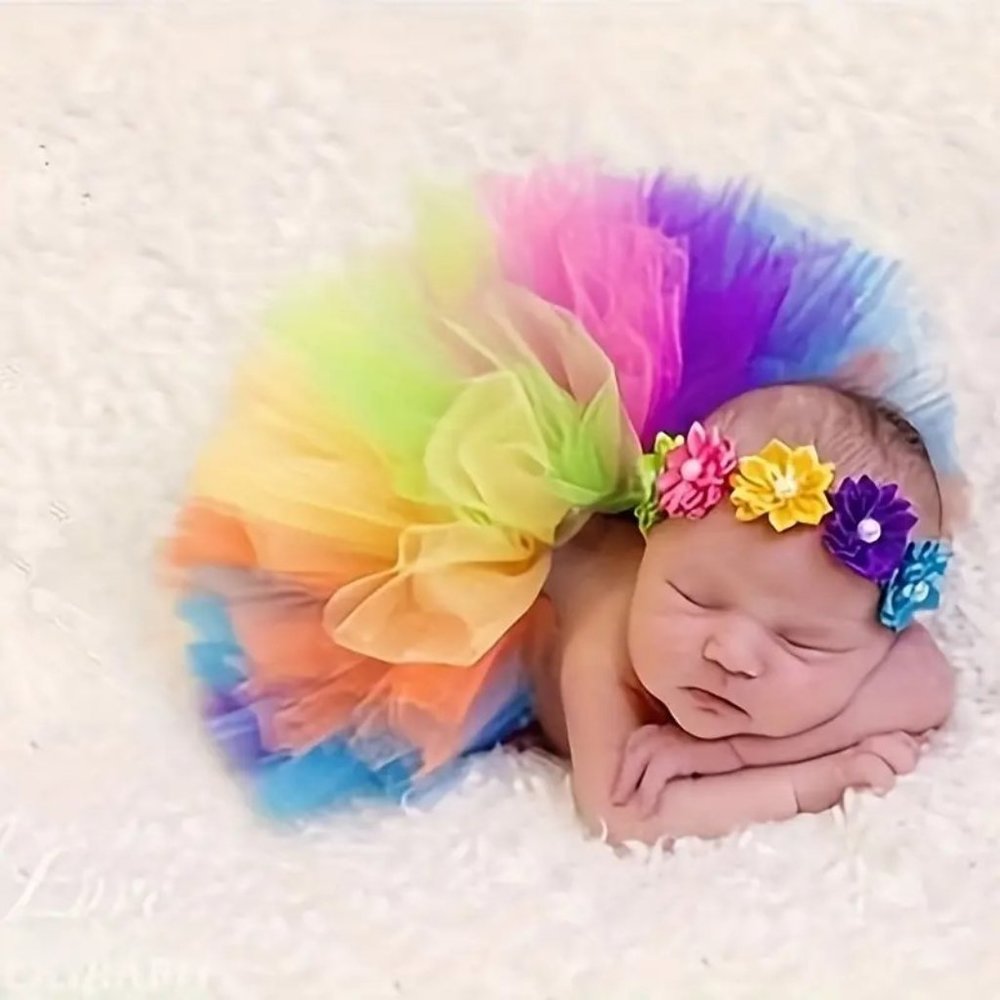 Set Baby Tutu Rainbow Skirt & Headband Flower Photography Prop 0-3 Mon GIFT - Picture 4 of 4